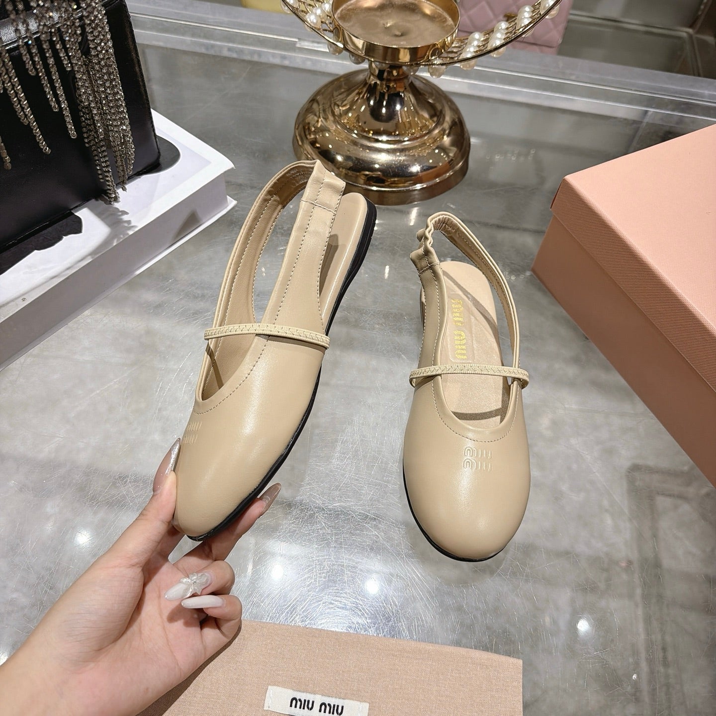 Miu Miu Slingback Flats Beige Leather 901737