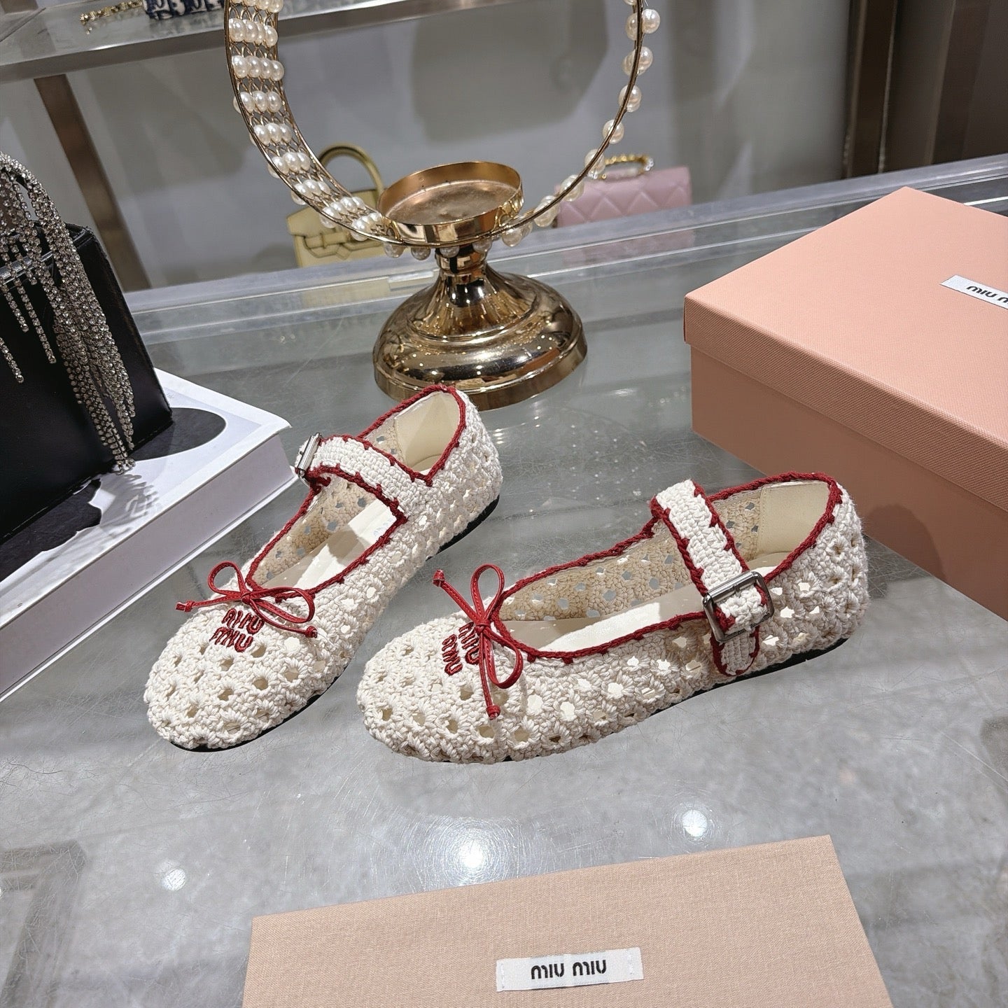 Miu Miu Crochet Ballerinas Cream Red Wool Leather 901741