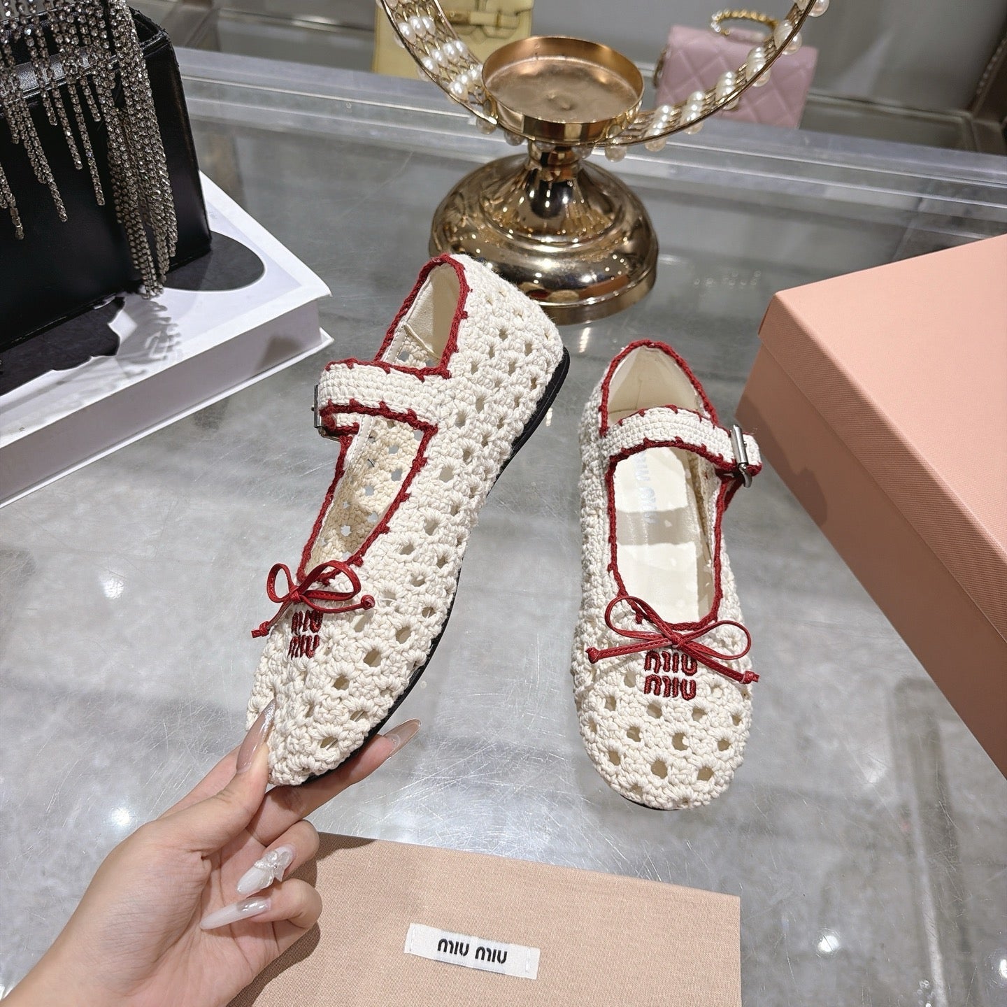 Miu Miu Crochet Ballerinas Cream Red Wool Leather 901741