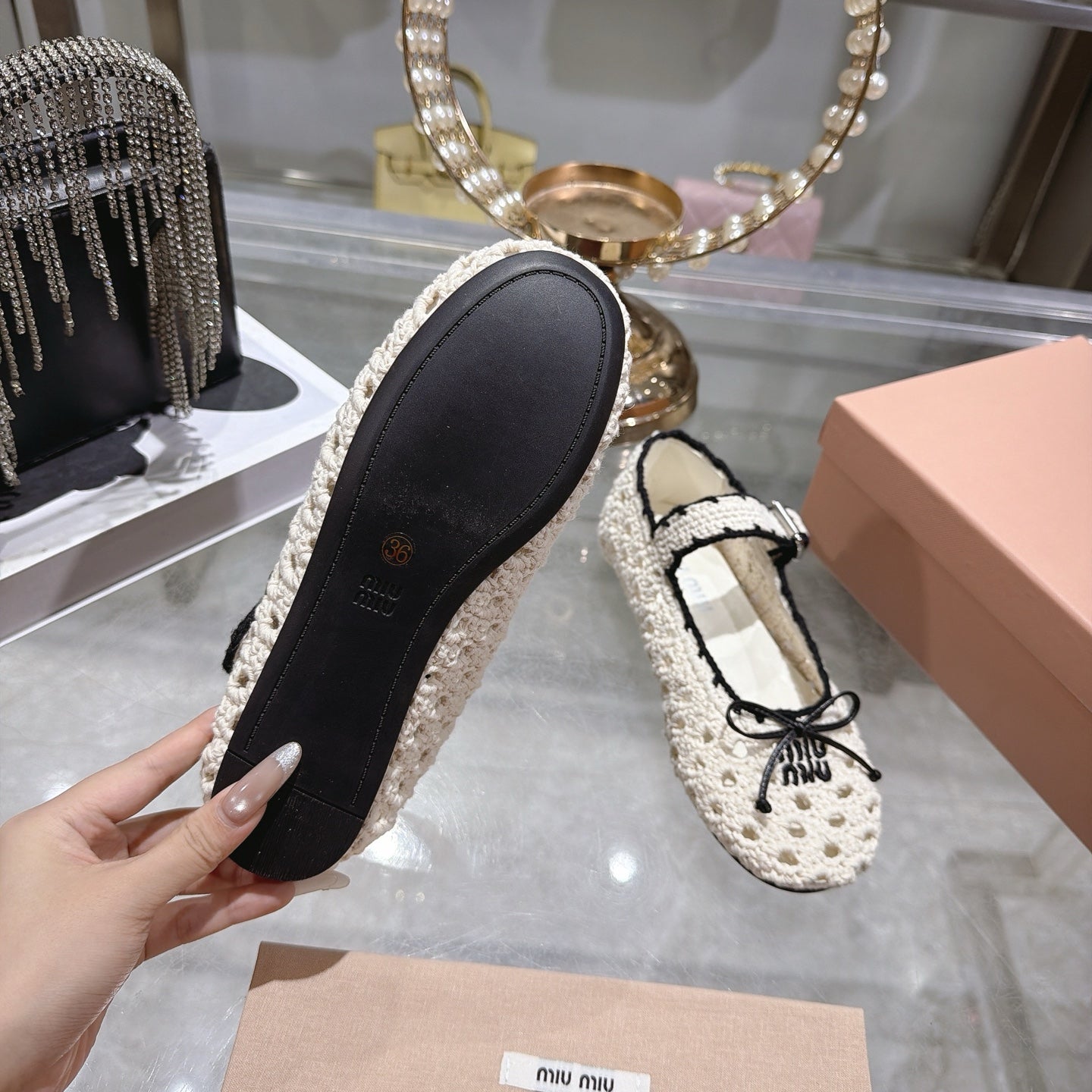 Miu Miu Crochet Ballerinas Cream Black Wool Leather 901742