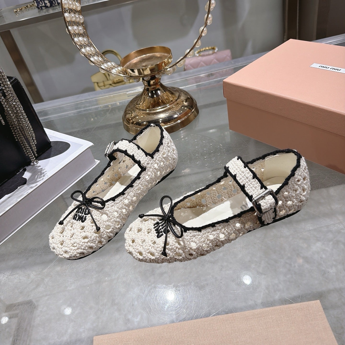 Miu Miu Crochet Ballerinas Cream Black Wool Leather 901742