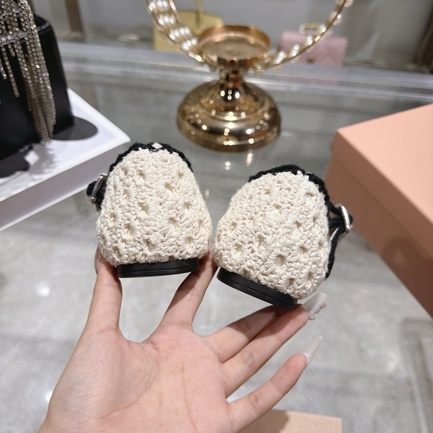 Miu Miu Crochet Ballerinas Cream Black Wool Leather 901742
