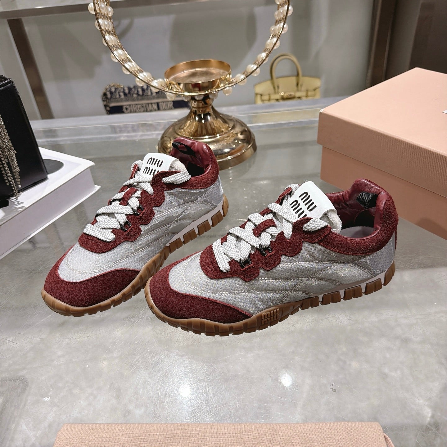 Miu 26s Tyre Sneakers Grey Burgundy Suede Technical Fabric 951529