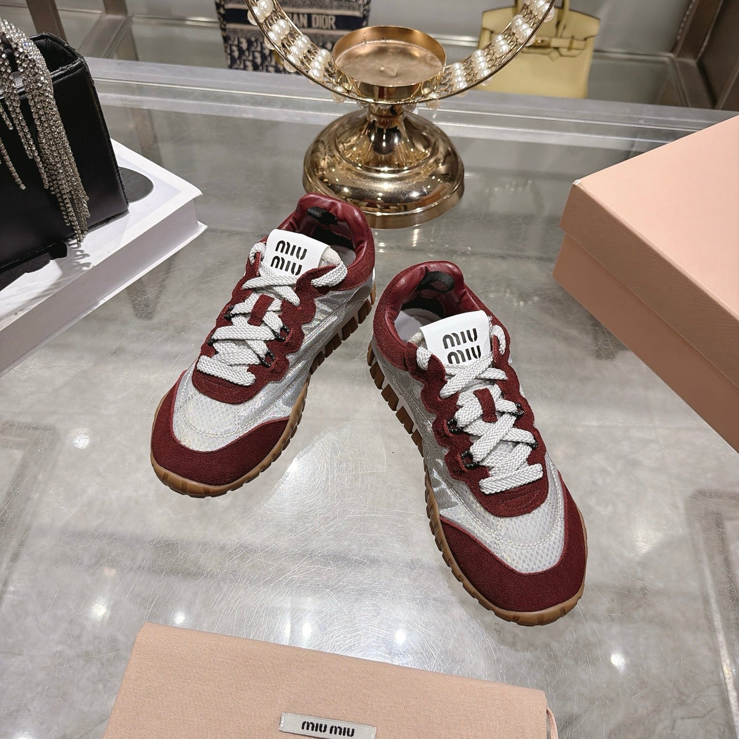 Miu 26s Tyre Sneakers Grey Burgundy Suede Technical Fabric 951529