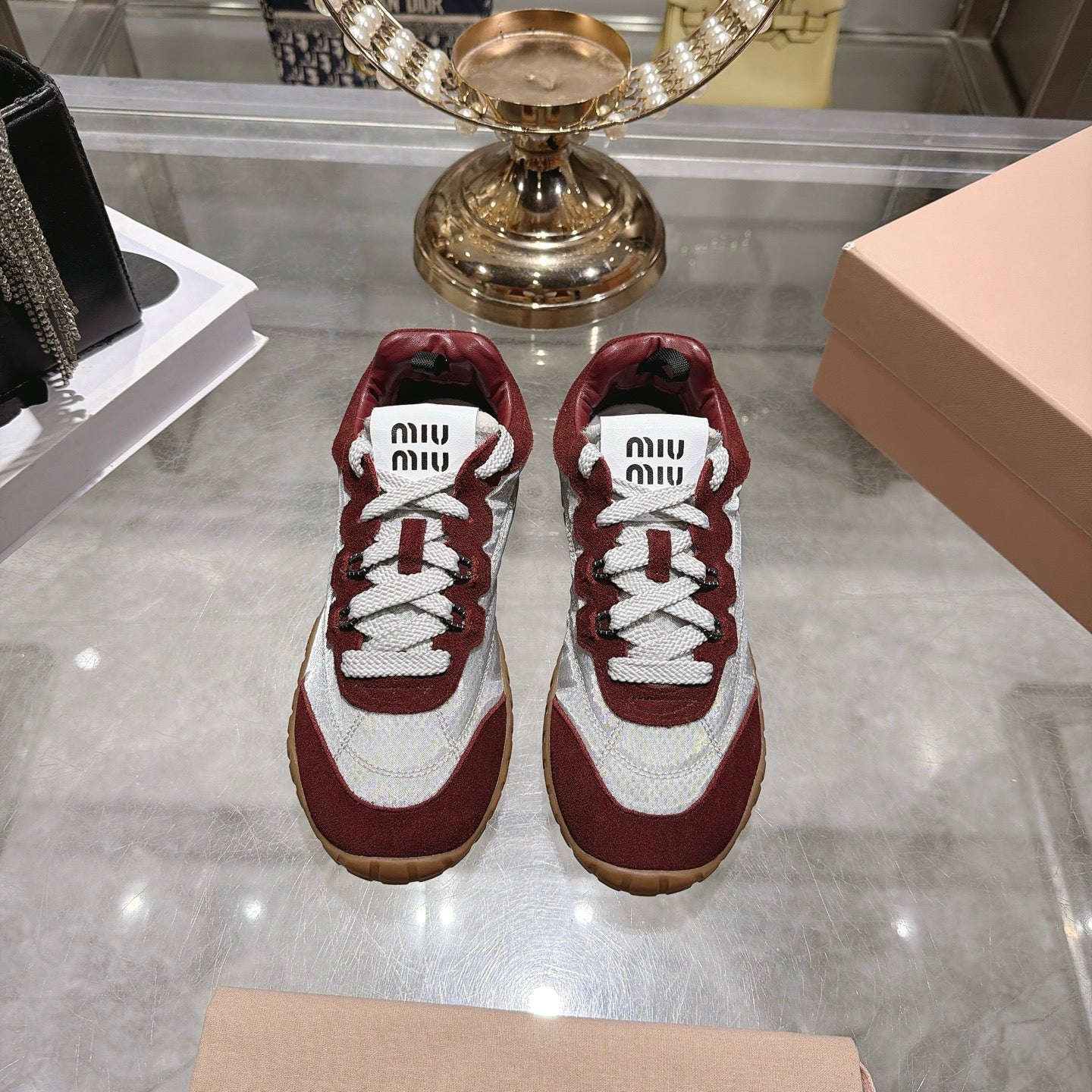 Miu 26s Tyre Sneakers Grey Burgundy Suede Technical Fabric 951529
