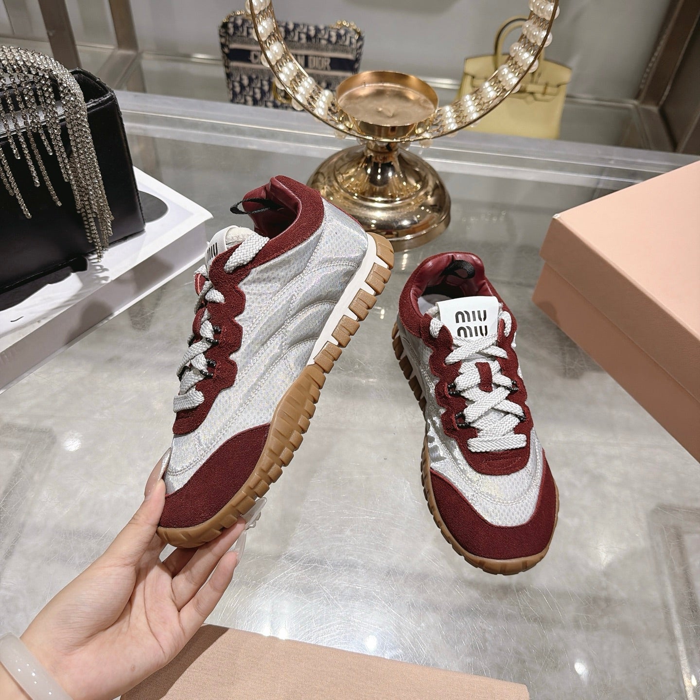 Miu 26s Tyre Sneakers Grey Burgundy Suede Technical Fabric 951529