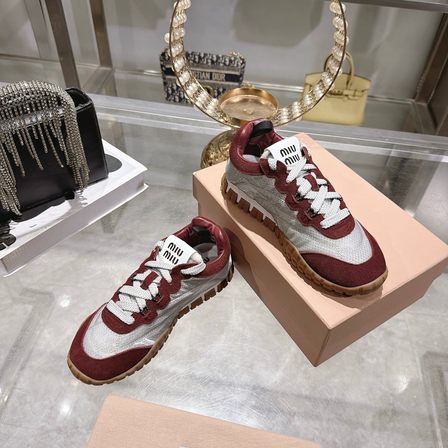 Miu 26s Tyre Sneakers Grey Burgundy Suede Technical Fabric 951529