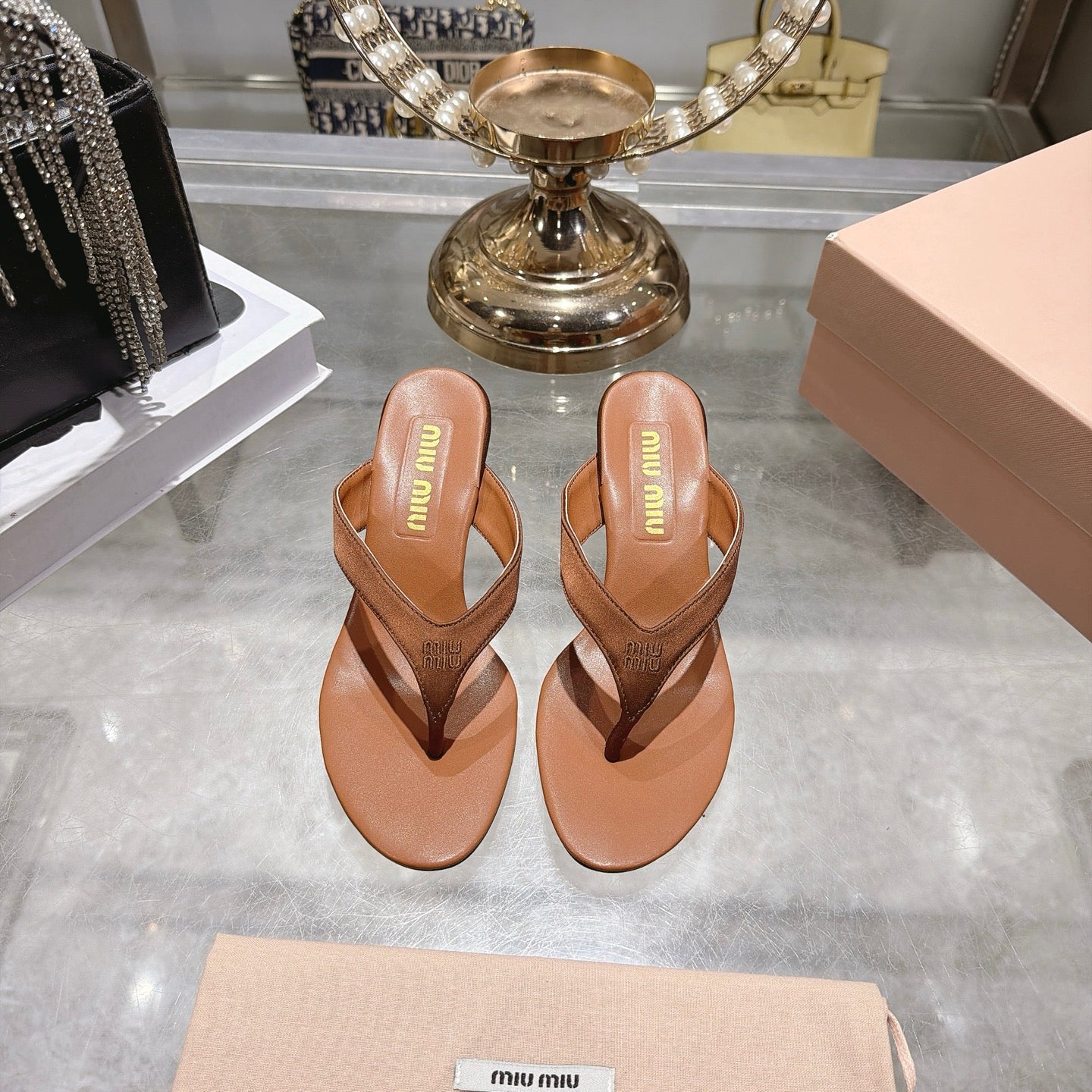 Miu 26s Thong Sandal 6.5cm Cacao Satin Leather 951526