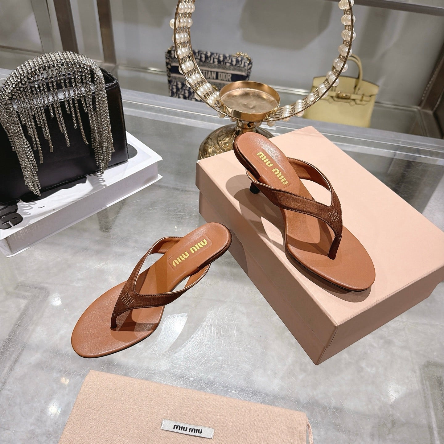 Miu 26s Thong Sandal 6.5cm Cacao Satin Leather 951526