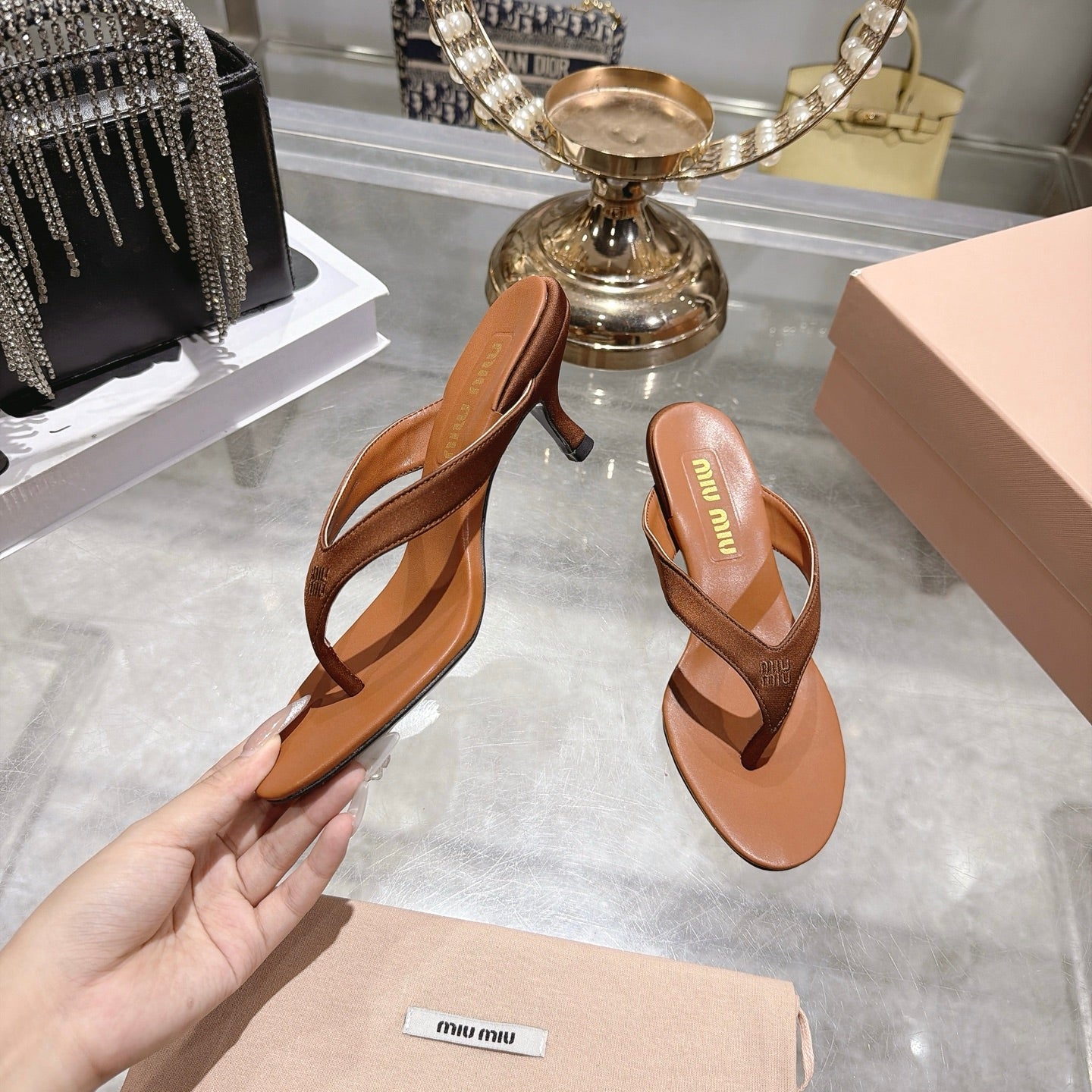 Miu 26s Thong Sandal 6.5cm Cacao Satin Leather 951526