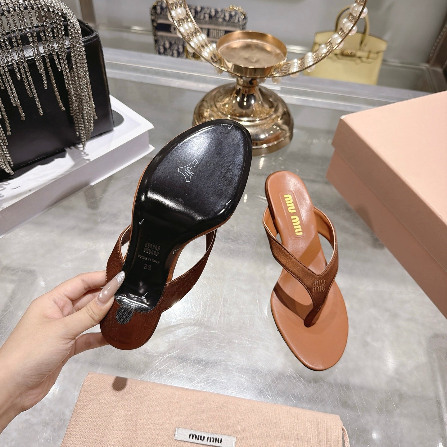Miu 26s Thong Sandal 6.5cm Cacao Satin Leather 951526