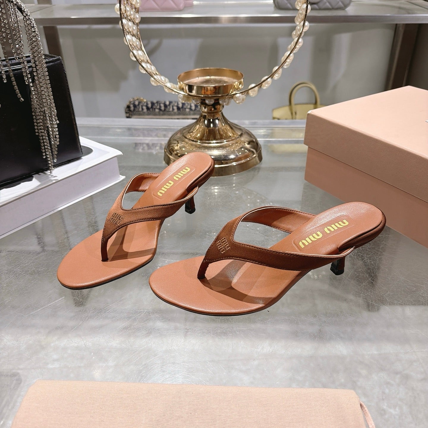 Miu 26s Thong Sandal 6.5cm Cacao Satin Leather 951526