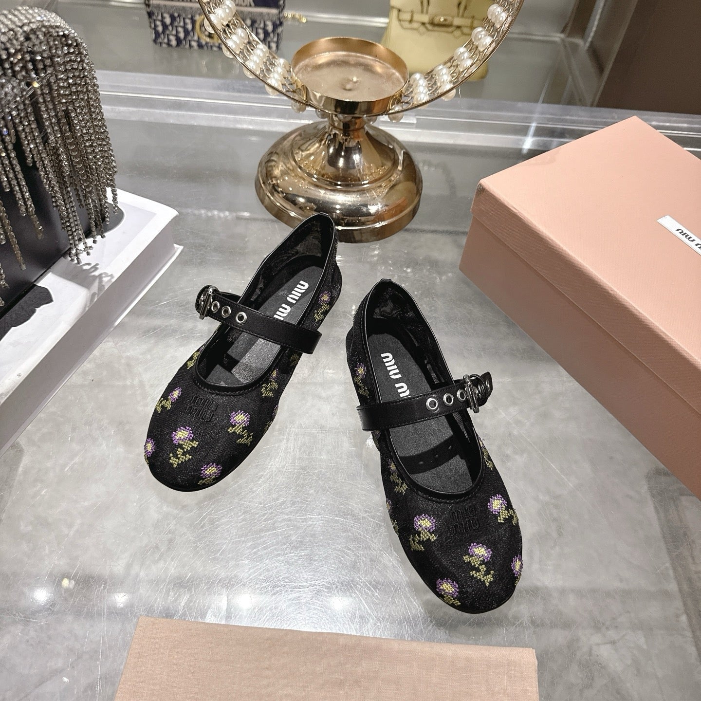 Miu 26s Embroidered Ballerinas Black Mesh 951510