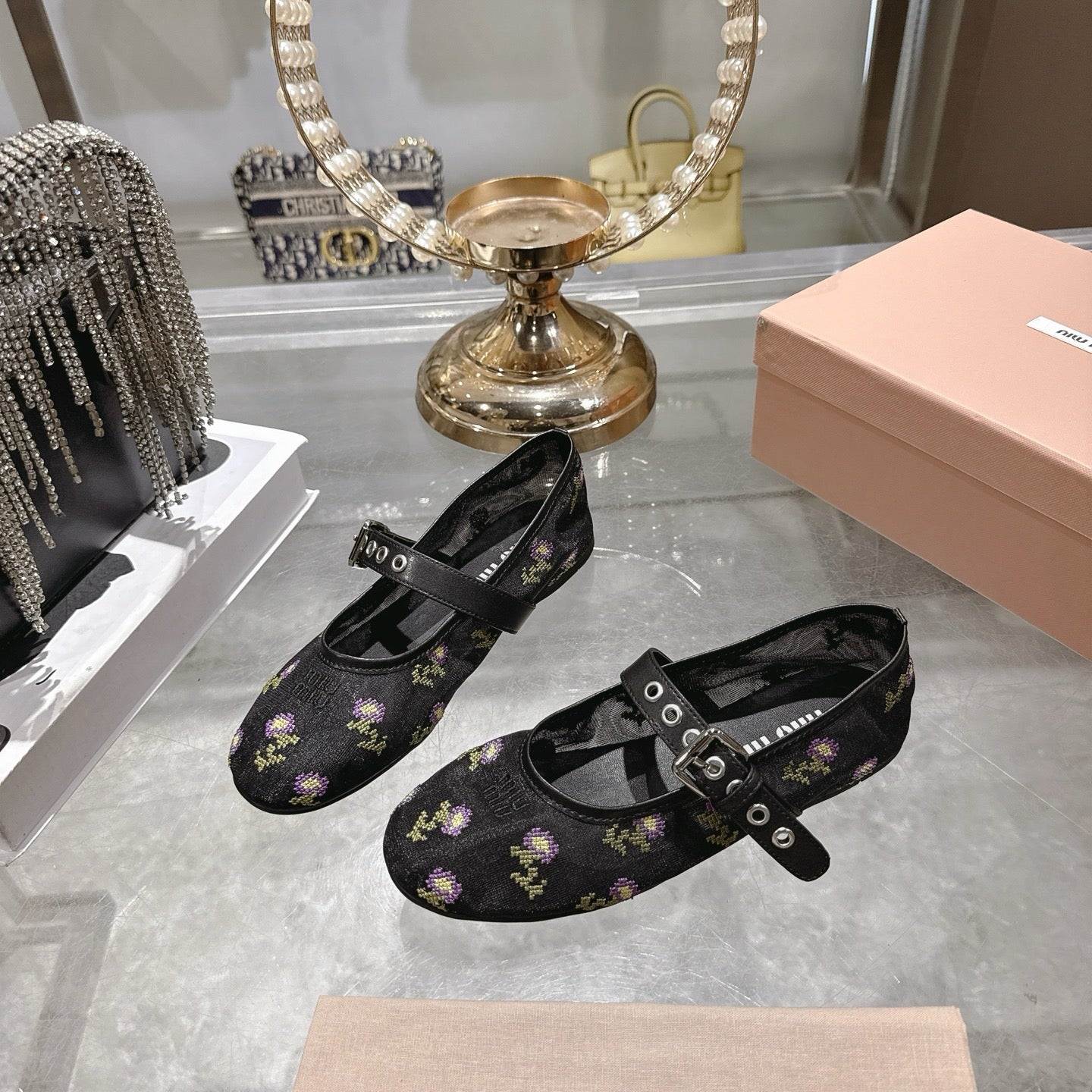Miu 26s Embroidered Ballerinas Black Mesh 951510