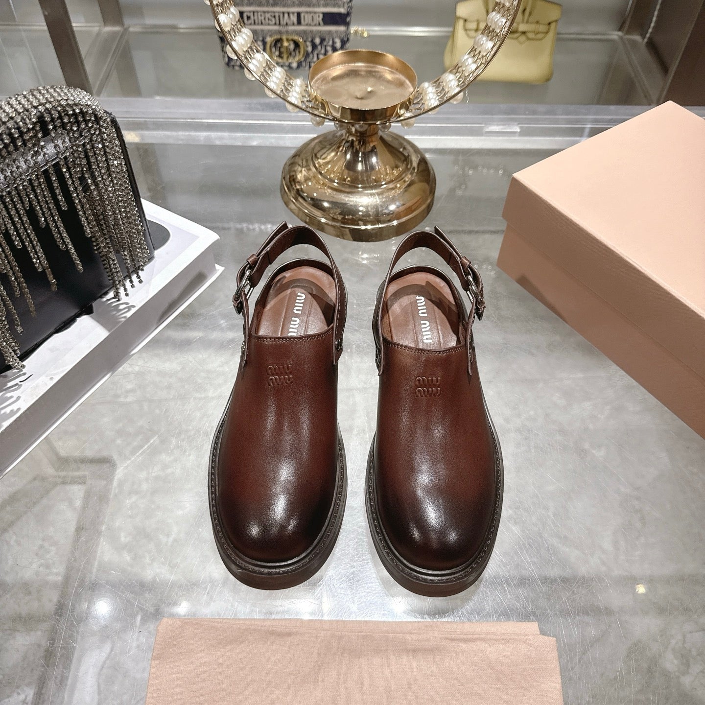 Miu 26s Clogs Ankle-strap Brown Leather 951505
