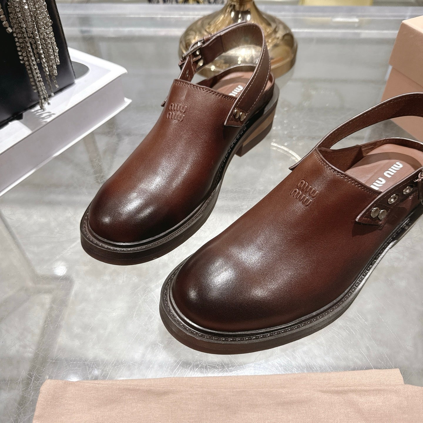 Miu 26s Clogs Ankle-strap Brown Leather 951505