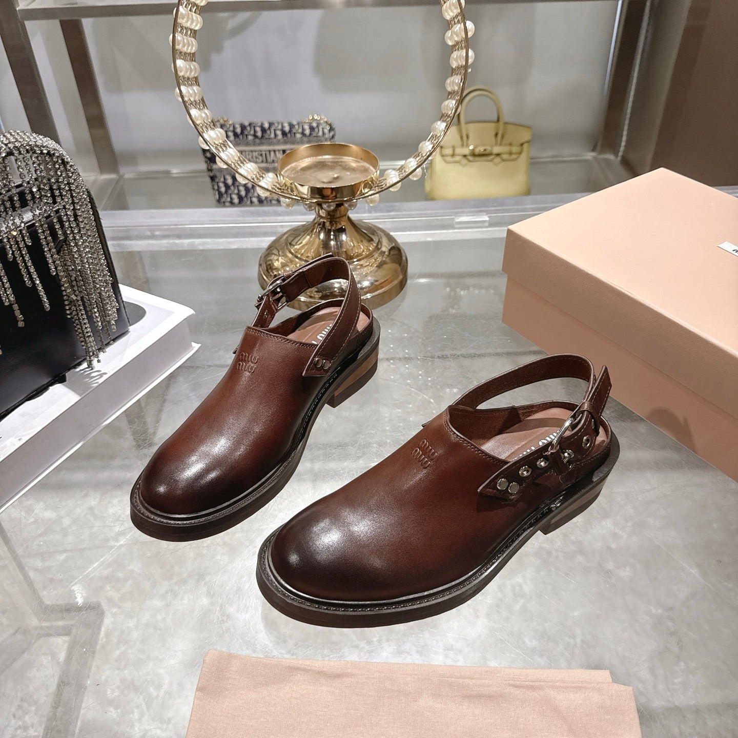 Miu 26s Clogs Ankle-strap Brown Leather 951505
