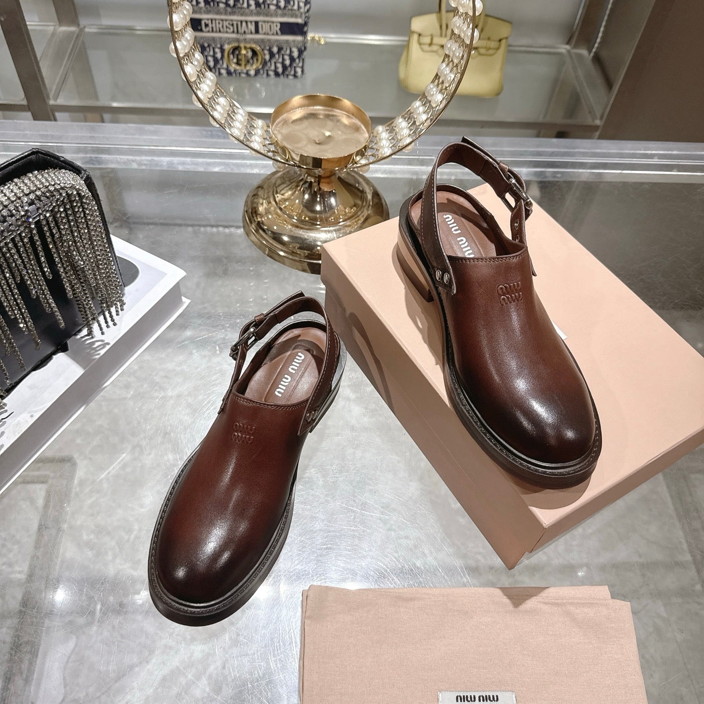 Miu 26s Clogs Ankle-strap Brown Leather 951505