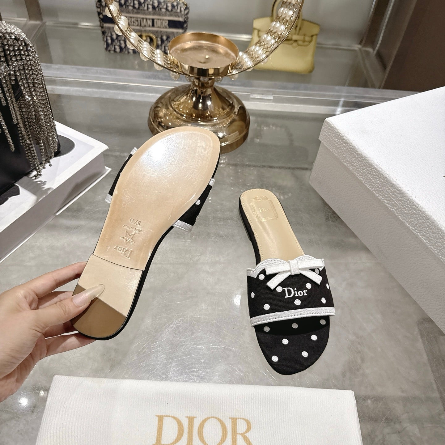 CD Dway Flat Sandal PolkaDior Black Motif Cotton Leather 951360