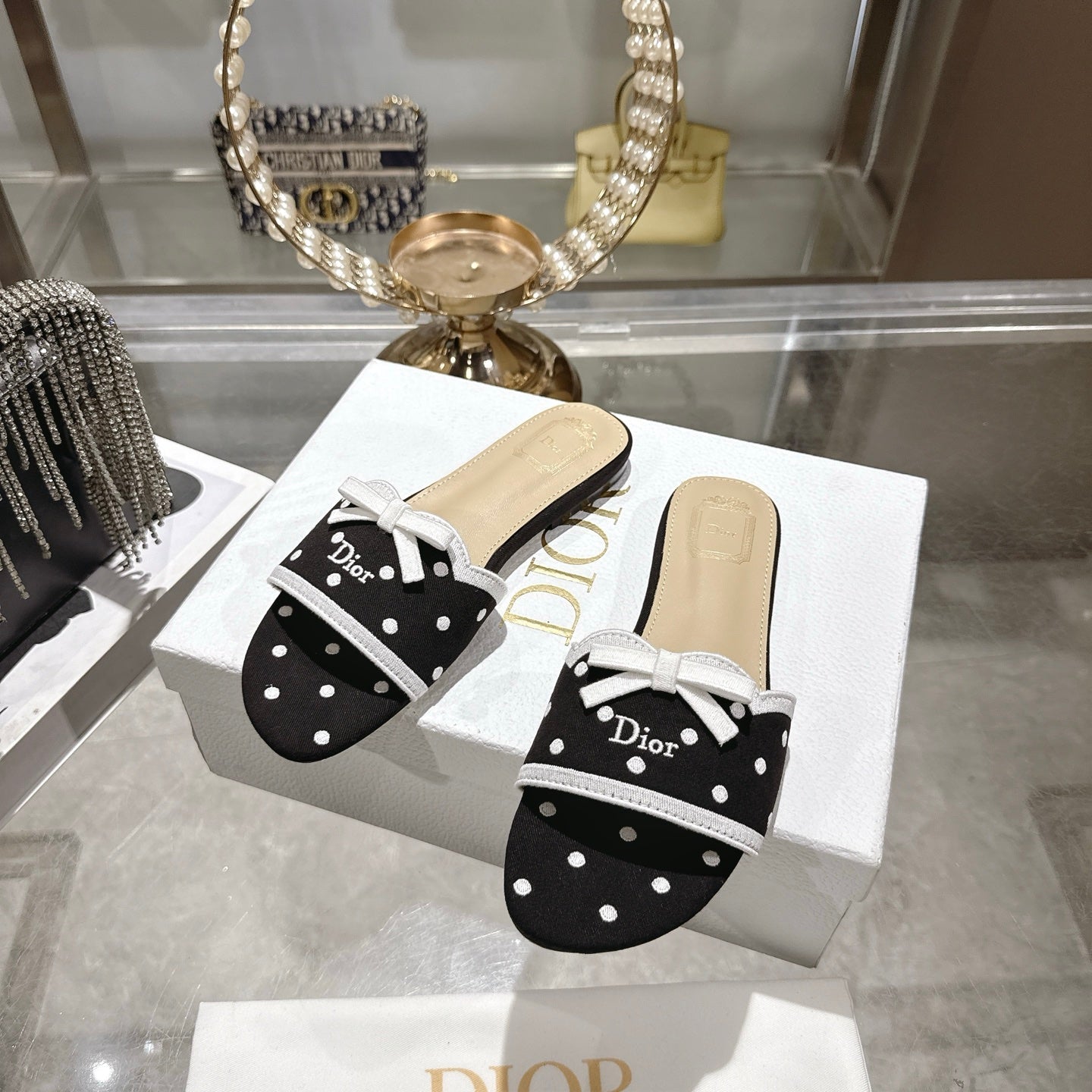 CD Dway Flat Sandal PolkaDior Black Motif Cotton Leather 951360