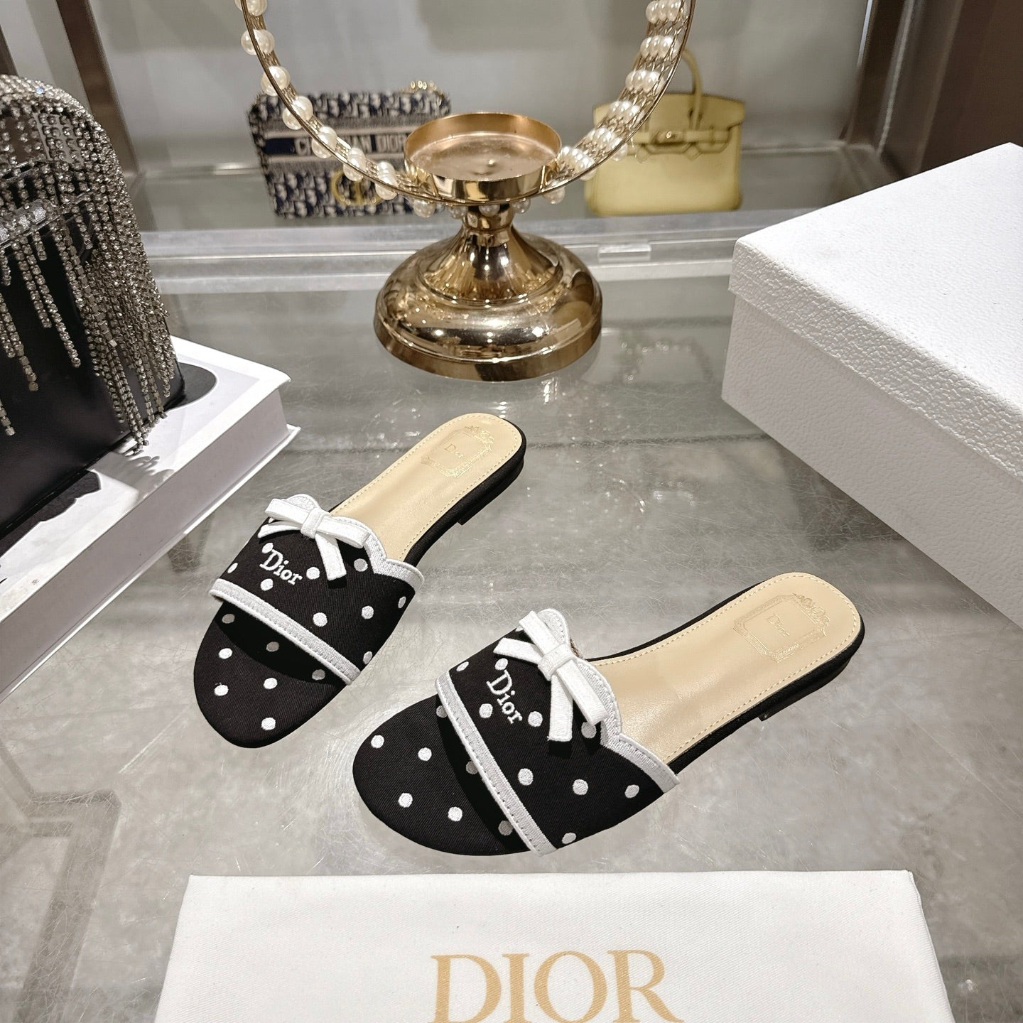 CD Dway Flat Sandal PolkaDior Black Motif Cotton Leather 951360