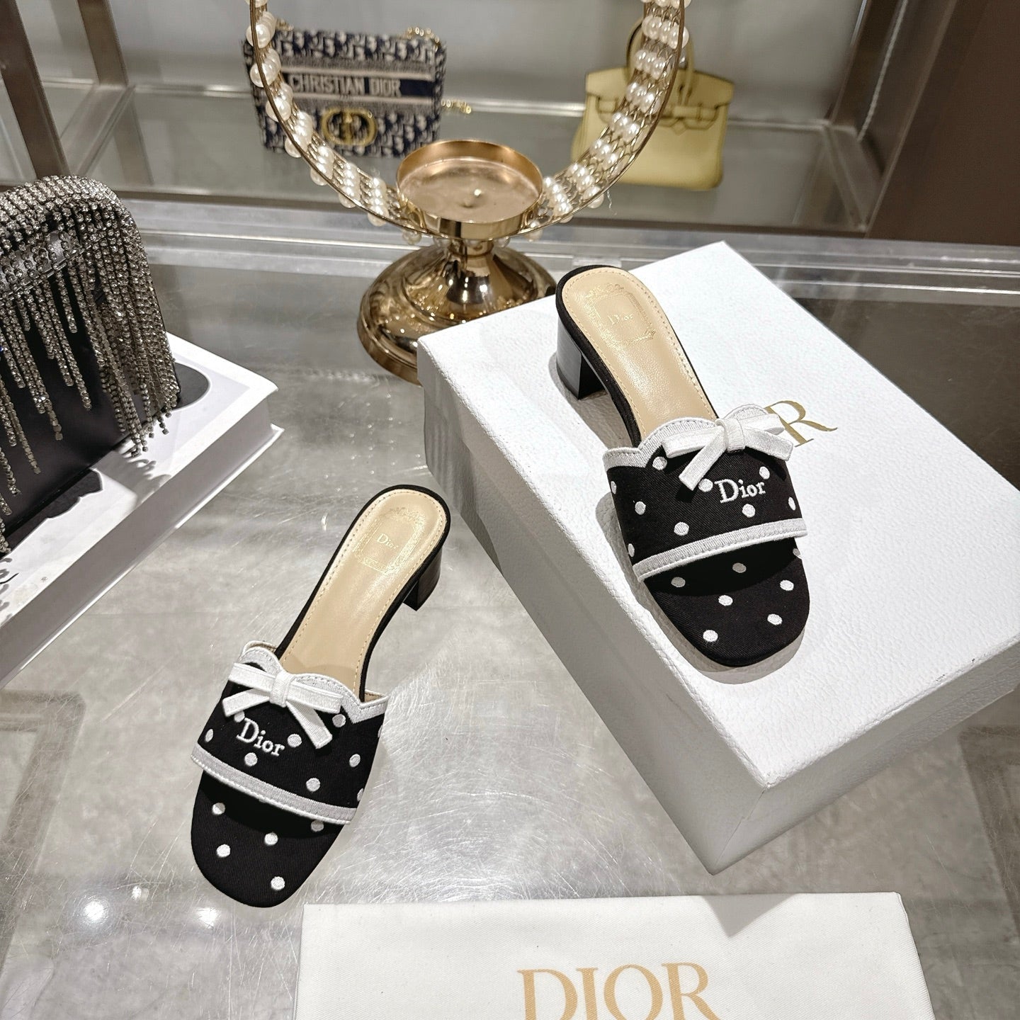 CD Dway Sandal 3.5cm PolkaDior Black Motif Cotton Leather 951356