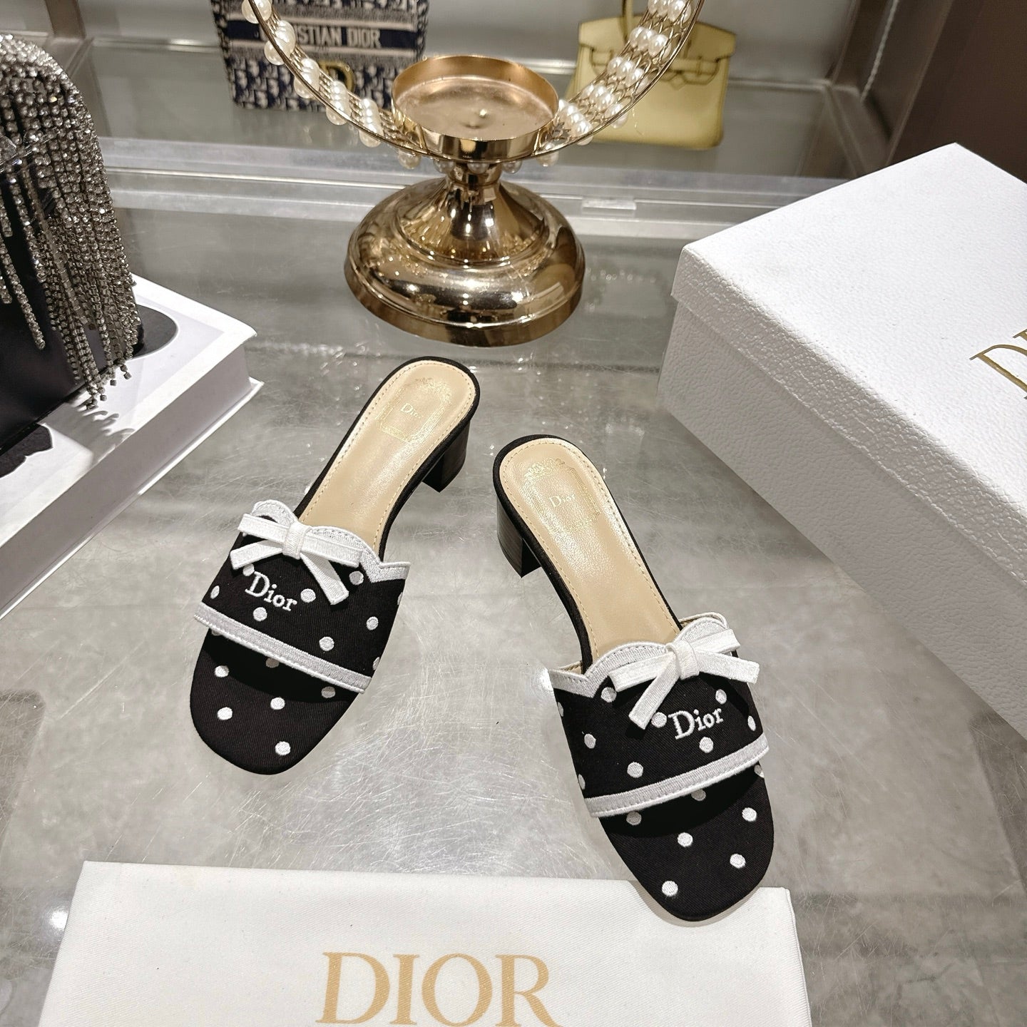 CD Dway Sandal 3.5cm PolkaDior Black Motif Cotton Leather 951356