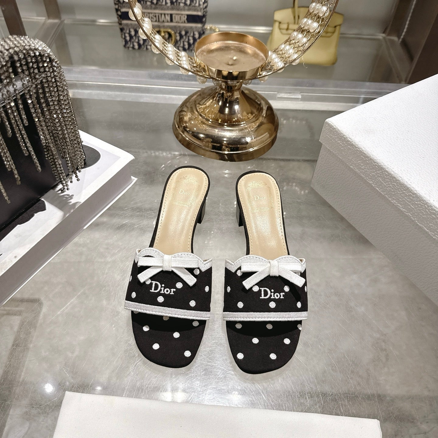 CD Dway Sandal 3.5cm PolkaDior Black Motif Cotton Leather 951356