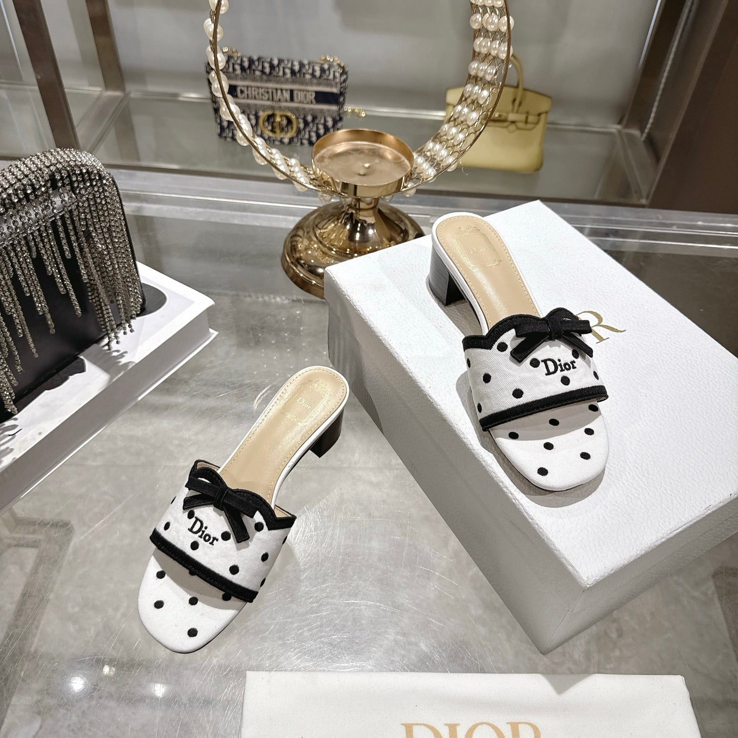 CD Dway Sandal 3.5cm PolkaDior White Motif Cotton Leather 951358