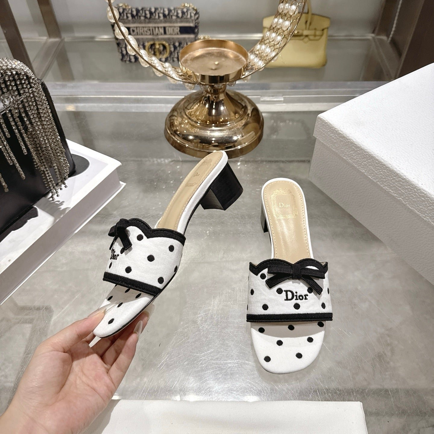 CD Dway Sandal 3.5cm PolkaDior White Motif Cotton Leather 951358