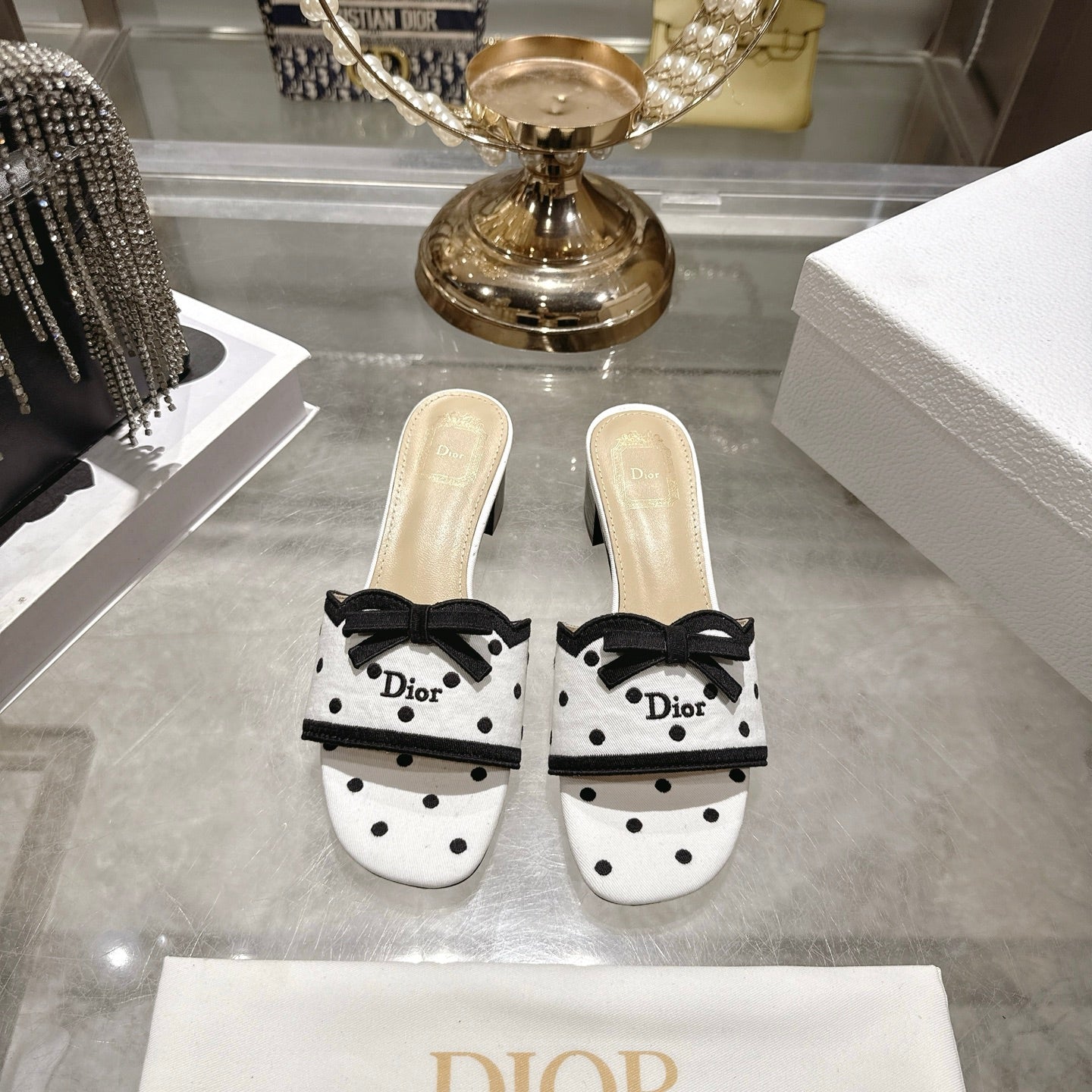 CD Dway Sandal 3.5cm PolkaDior White Motif Cotton Leather 951358