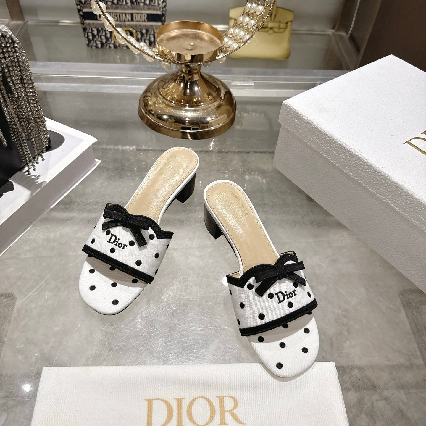CD Dway Sandal 3.5cm PolkaDior White Motif Cotton Leather 951358