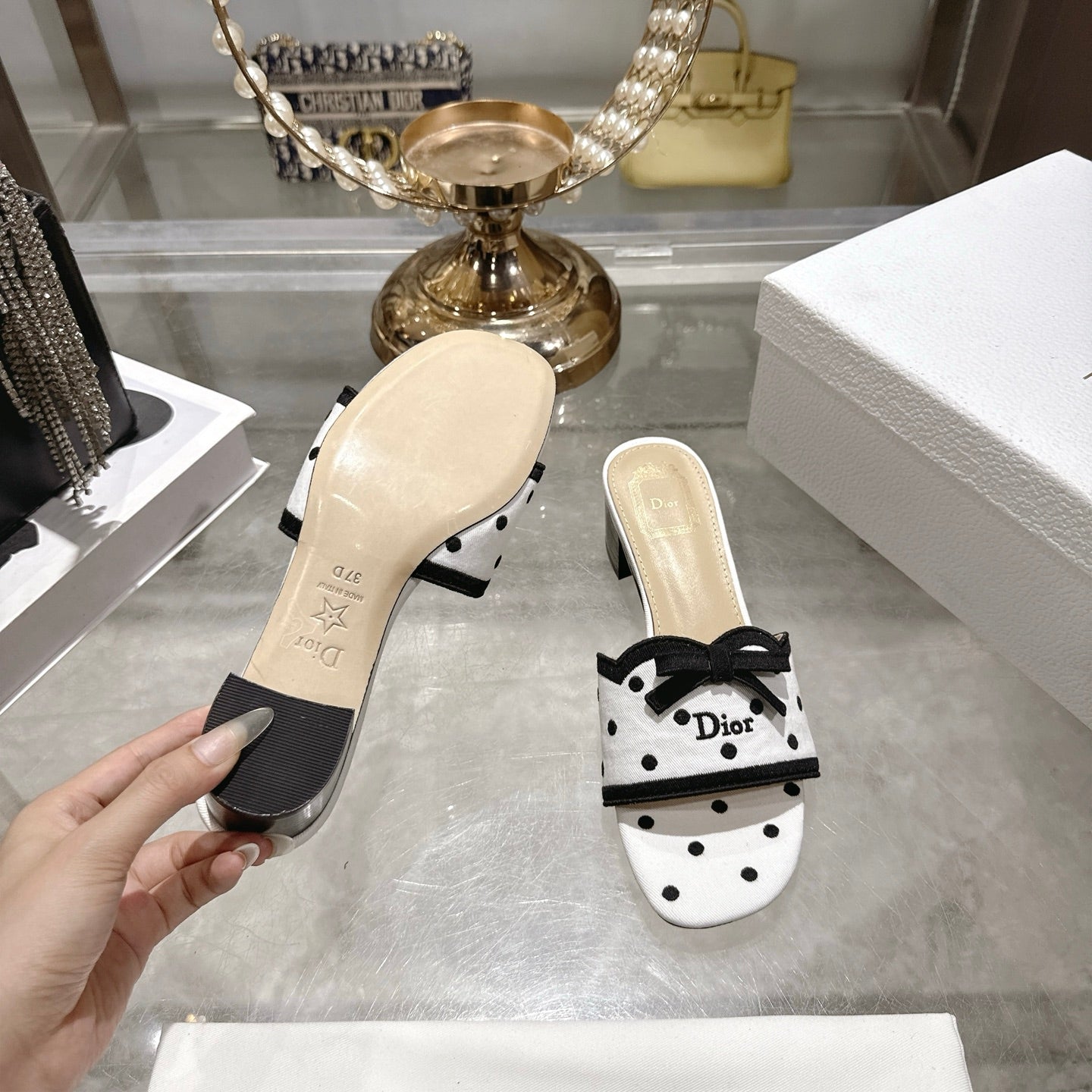 CD Dway Sandal 3.5cm PolkaDior White Motif Cotton Leather 951358