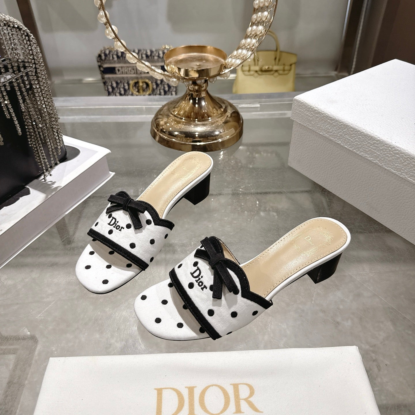 CD Dway Sandal 3.5cm PolkaDior White Motif Cotton Leather 951358
