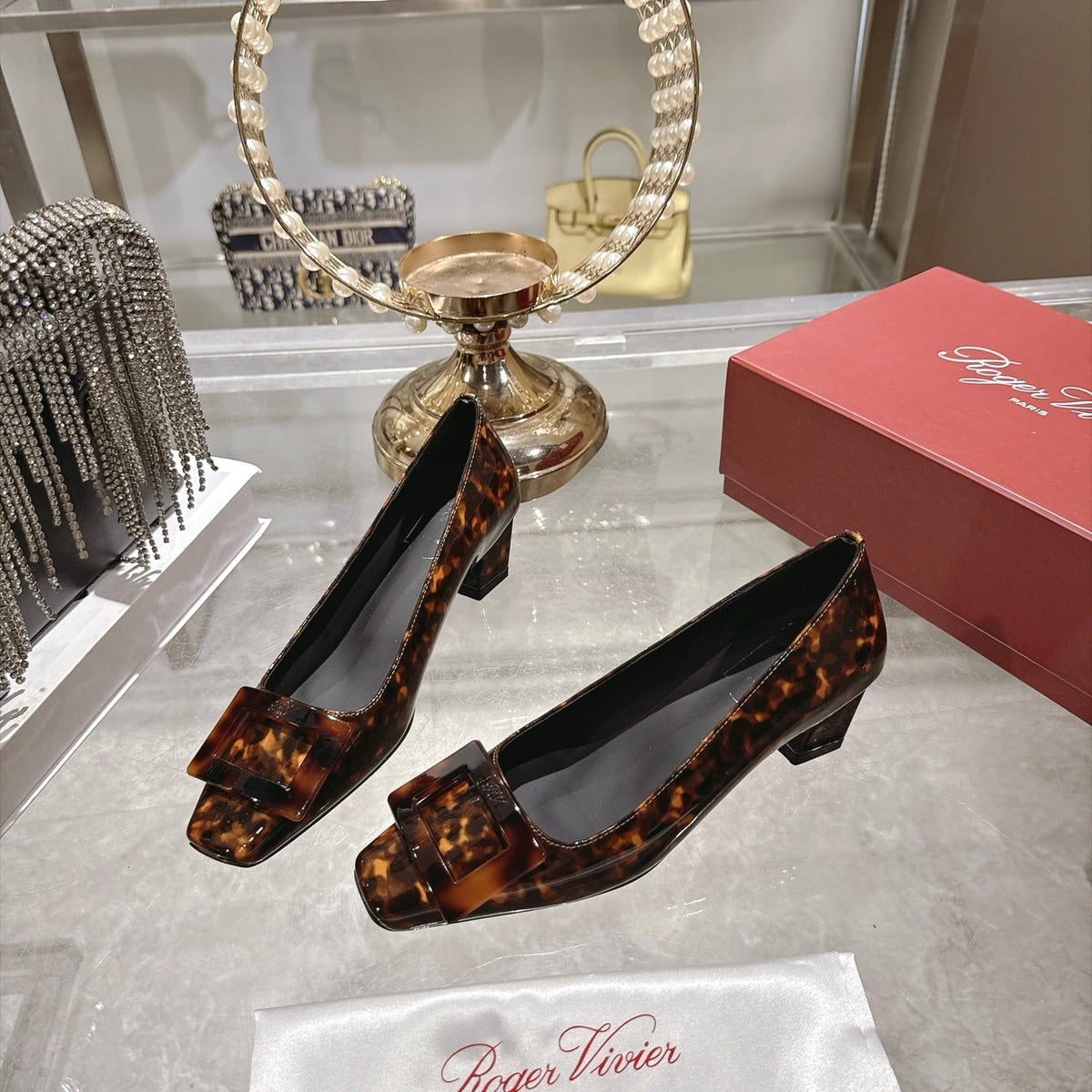 RV 26s Belle Vivier Pumps 4.5cm Tortoiseshell Patent 999730