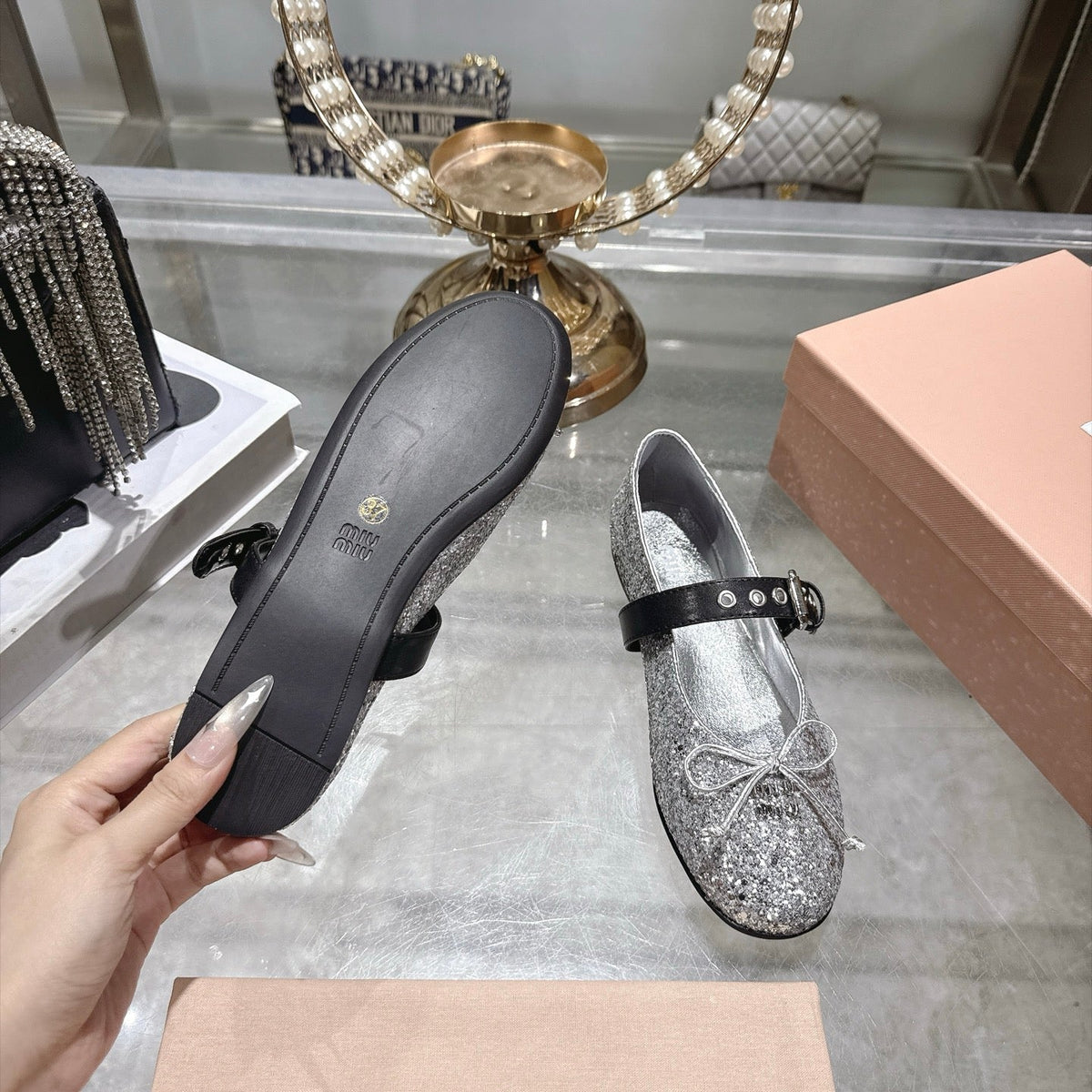 Miu Miu FW26 Buckle Strap Ballerina Flats Silver Glitter 190458