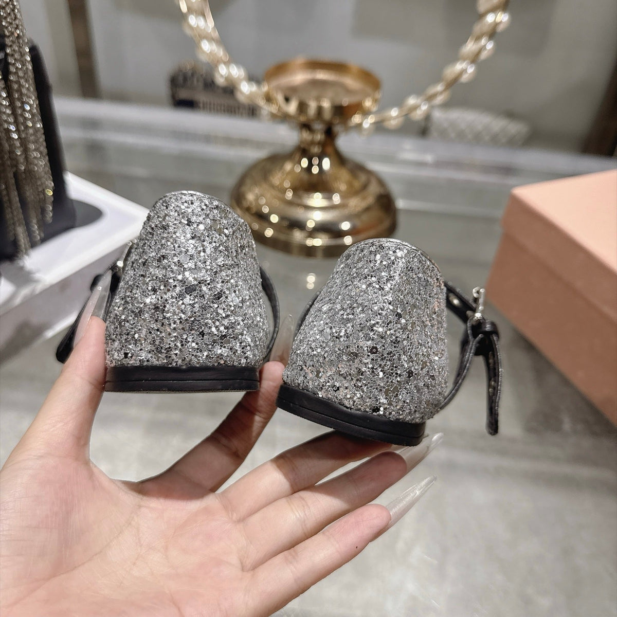 Miu Miu FW26 Buckle Strap Ballerina Flats Silver Glitter 190458