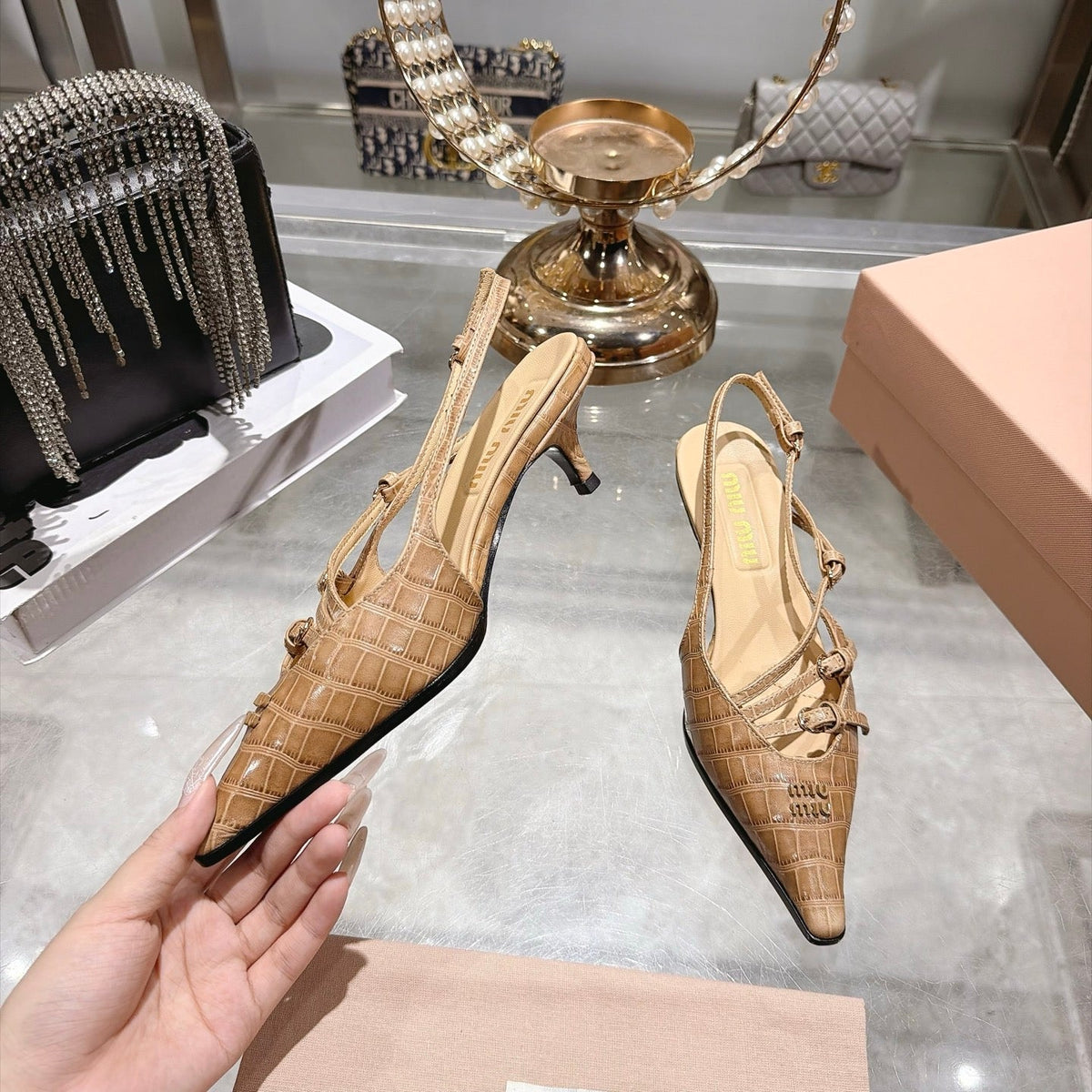 Miumiu 2026 Crocodile-Effect Slingback Pumps Beige Leather 190423