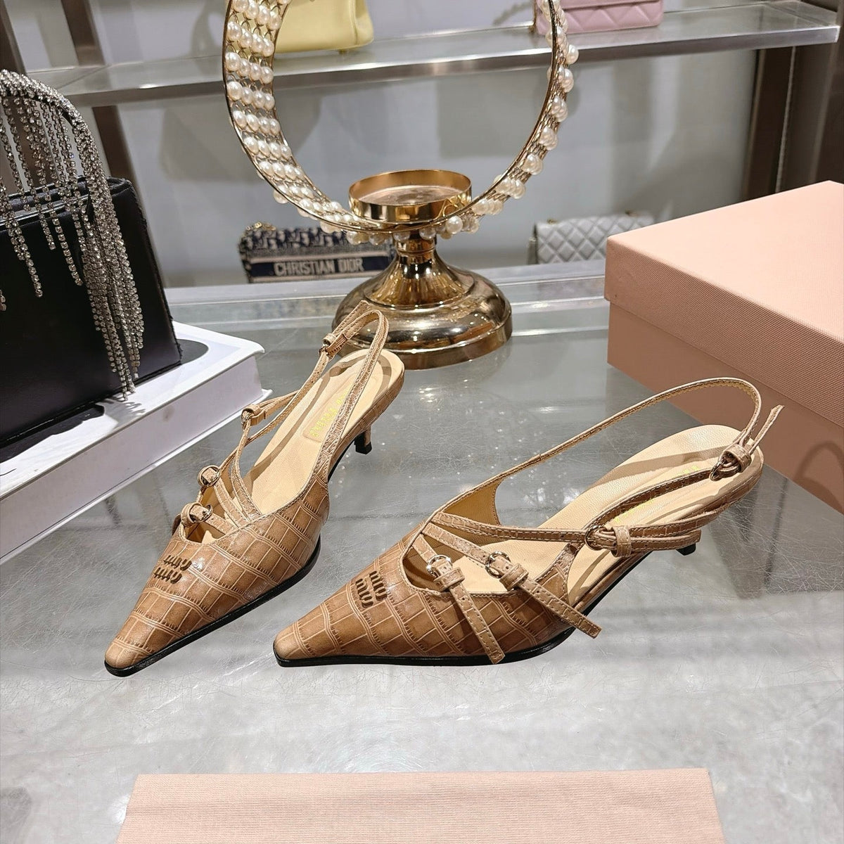 Miumiu 2026 Crocodile-Effect Slingback Pumps Beige Leather 190423