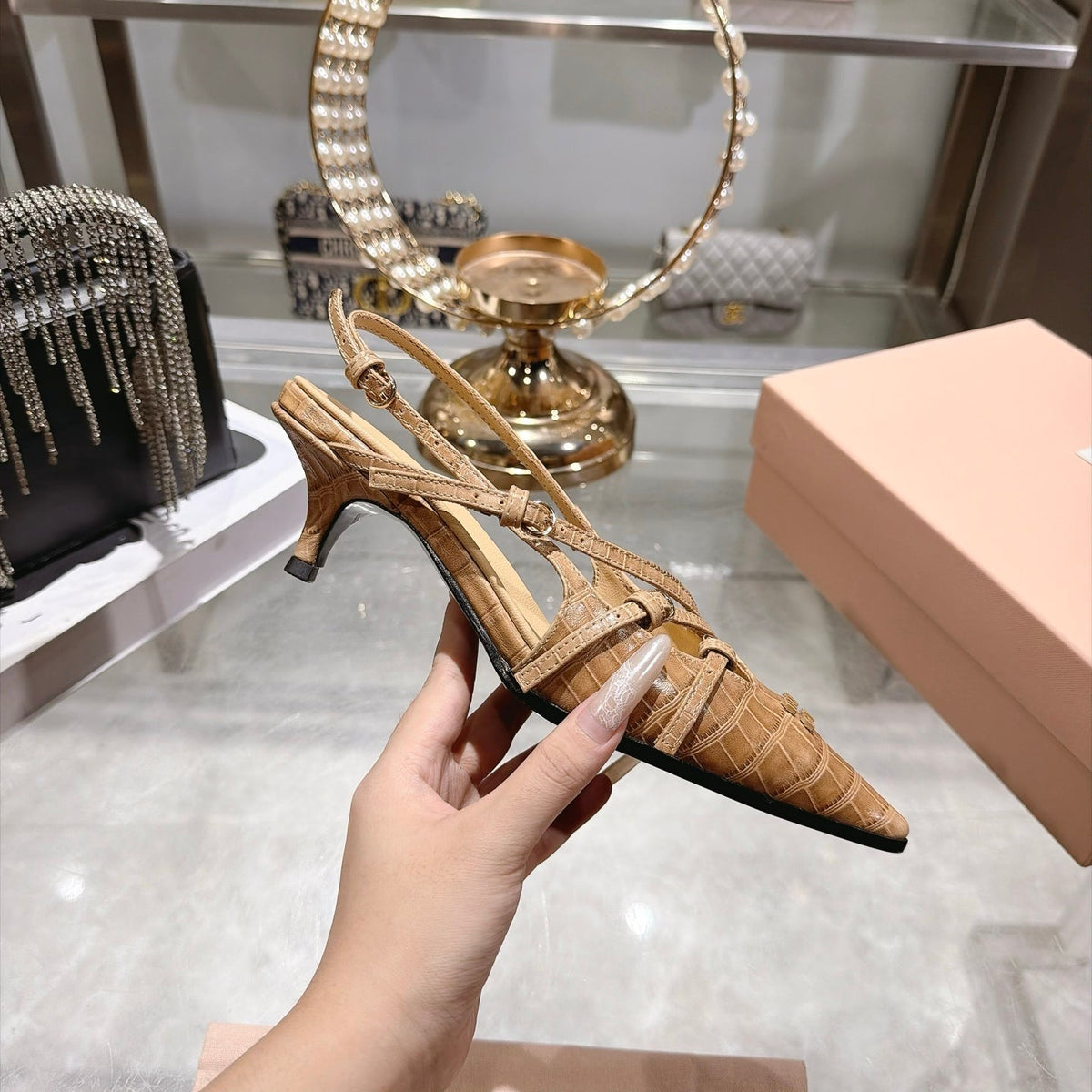 Miumiu 2026 Crocodile-Effect Slingback Pumps Beige Leather 190423