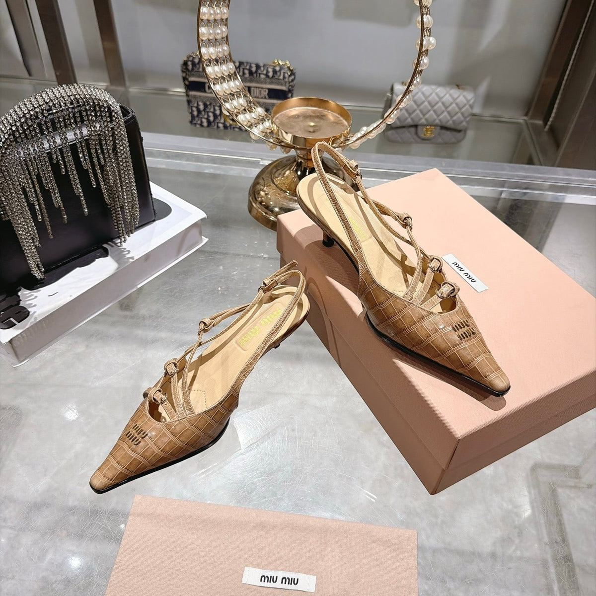 Miumiu 2026 Crocodile-Effect Slingback Pumps Beige Leather 190423
