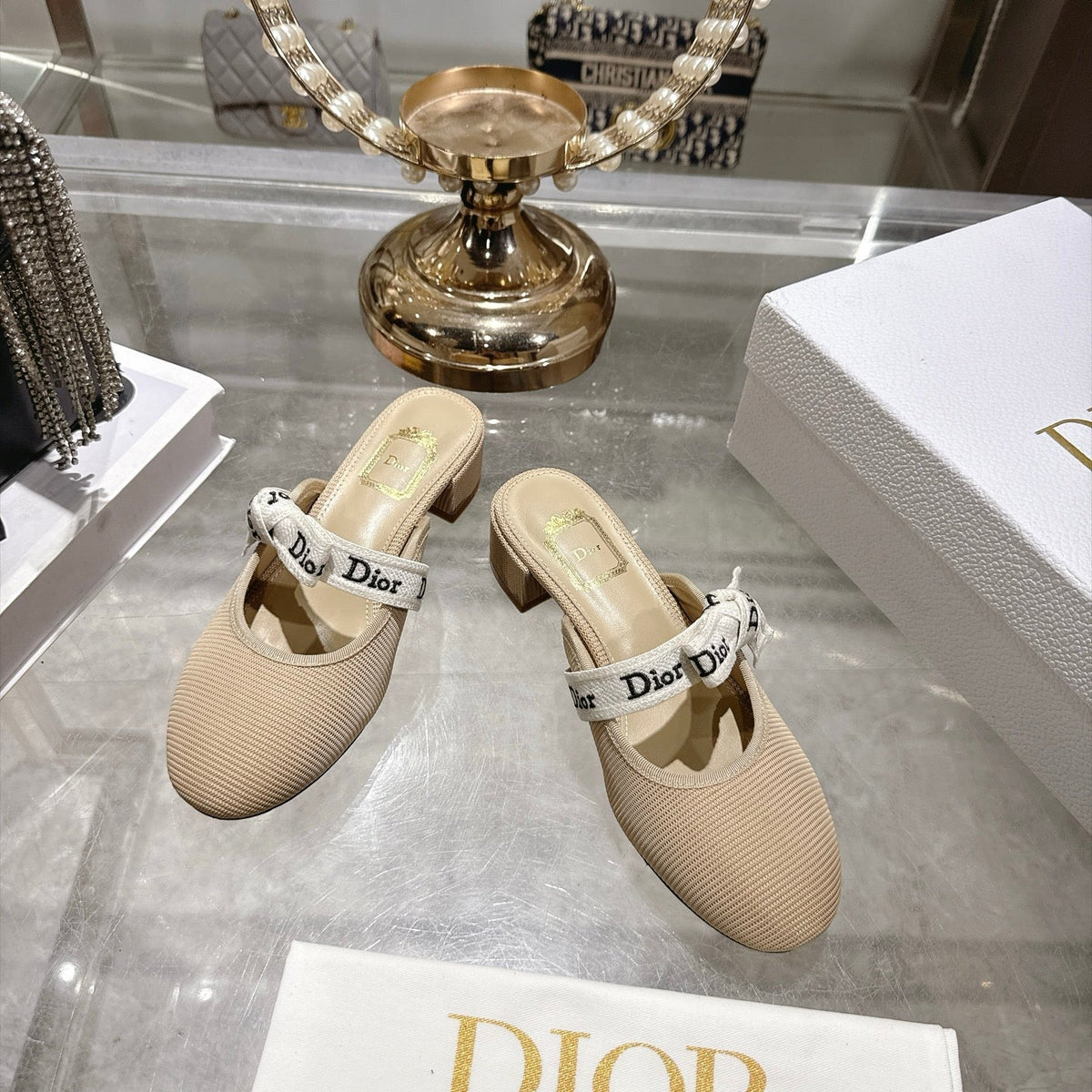 Dior Dway Heeled Slide 3.5cm Khaki Textured Canvas 190315
