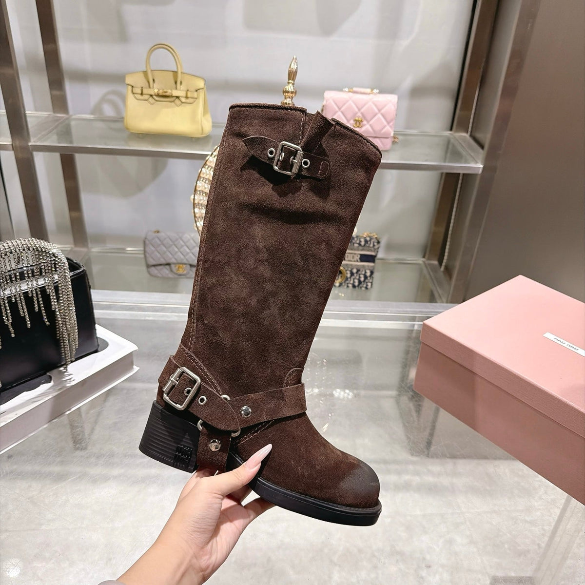 Miumiu 2026 Mid-Calf Boots Coffee Suede 190446