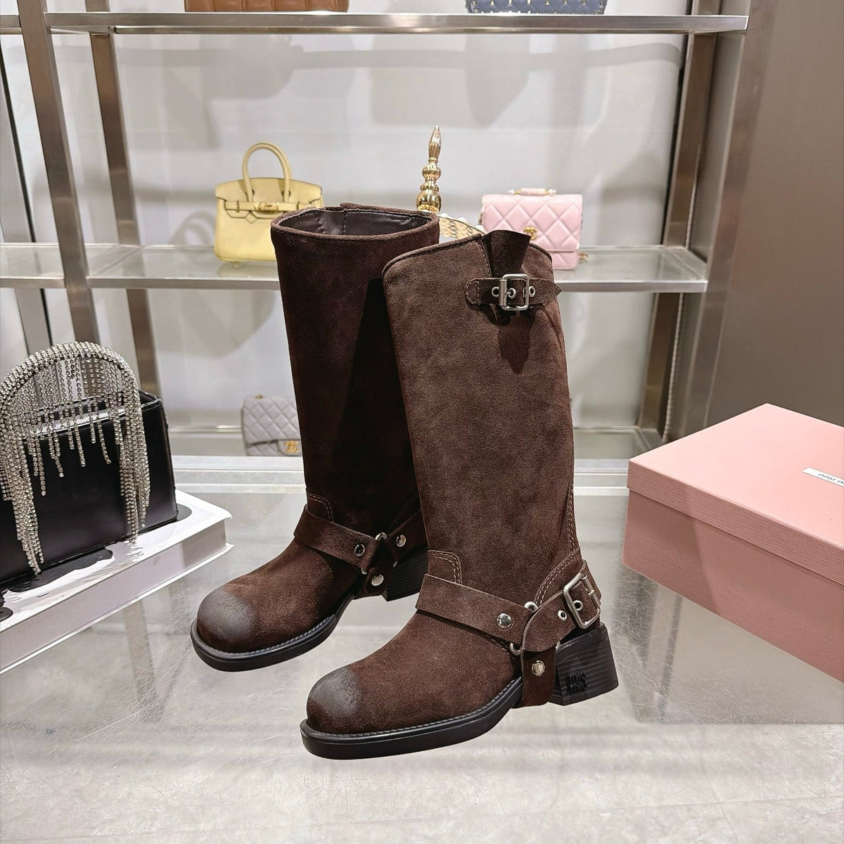 Miumiu 2026 Mid-Calf Boots Coffee Suede 190446