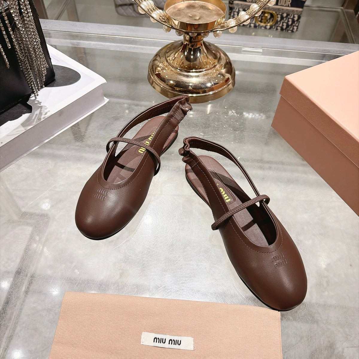 Miu Miu FW26 Ballerina Slingback Flats Brown Leather 190474