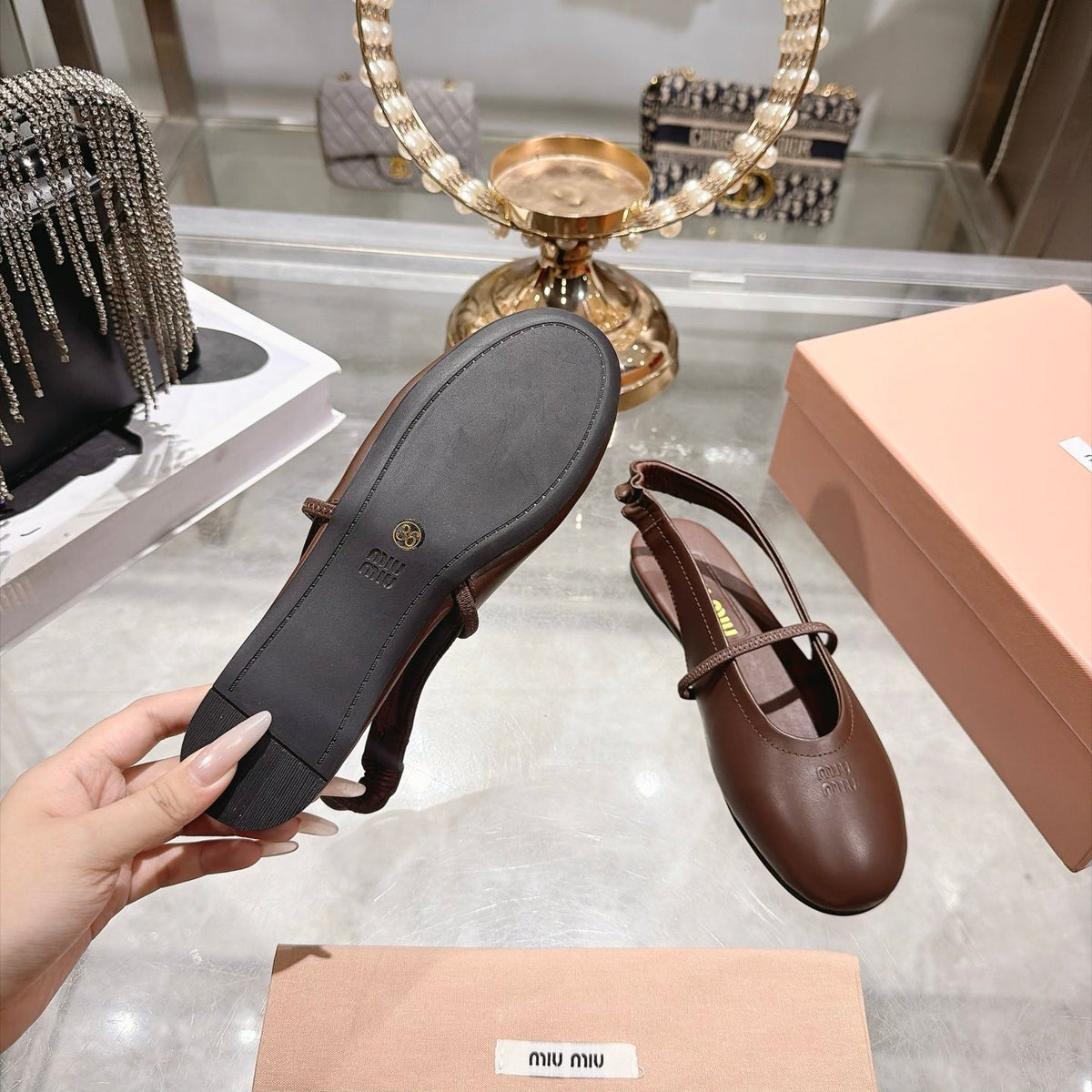 Miu Miu FW26 Ballerina Slingback Flats Brown Leather 190474
