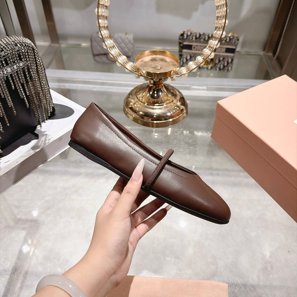 Miu Miu FW26 Ballerina Flats Brown Leather 190475