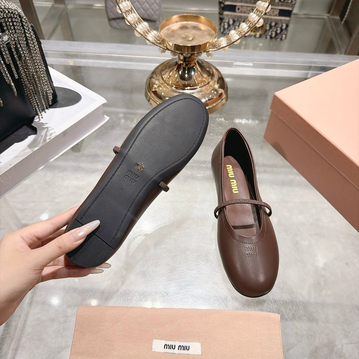 Miu Miu FW26 Ballerina Flats Brown Leather 190475