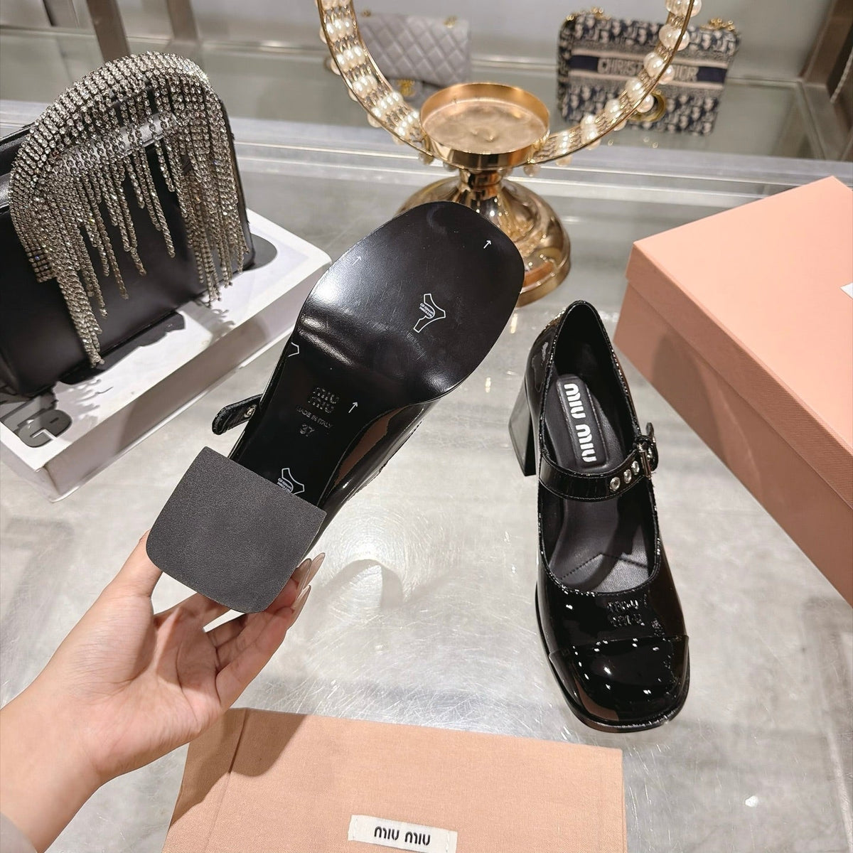 Miu Miu FW26 Mary Jane Pumps 75mm Black Patent 190482