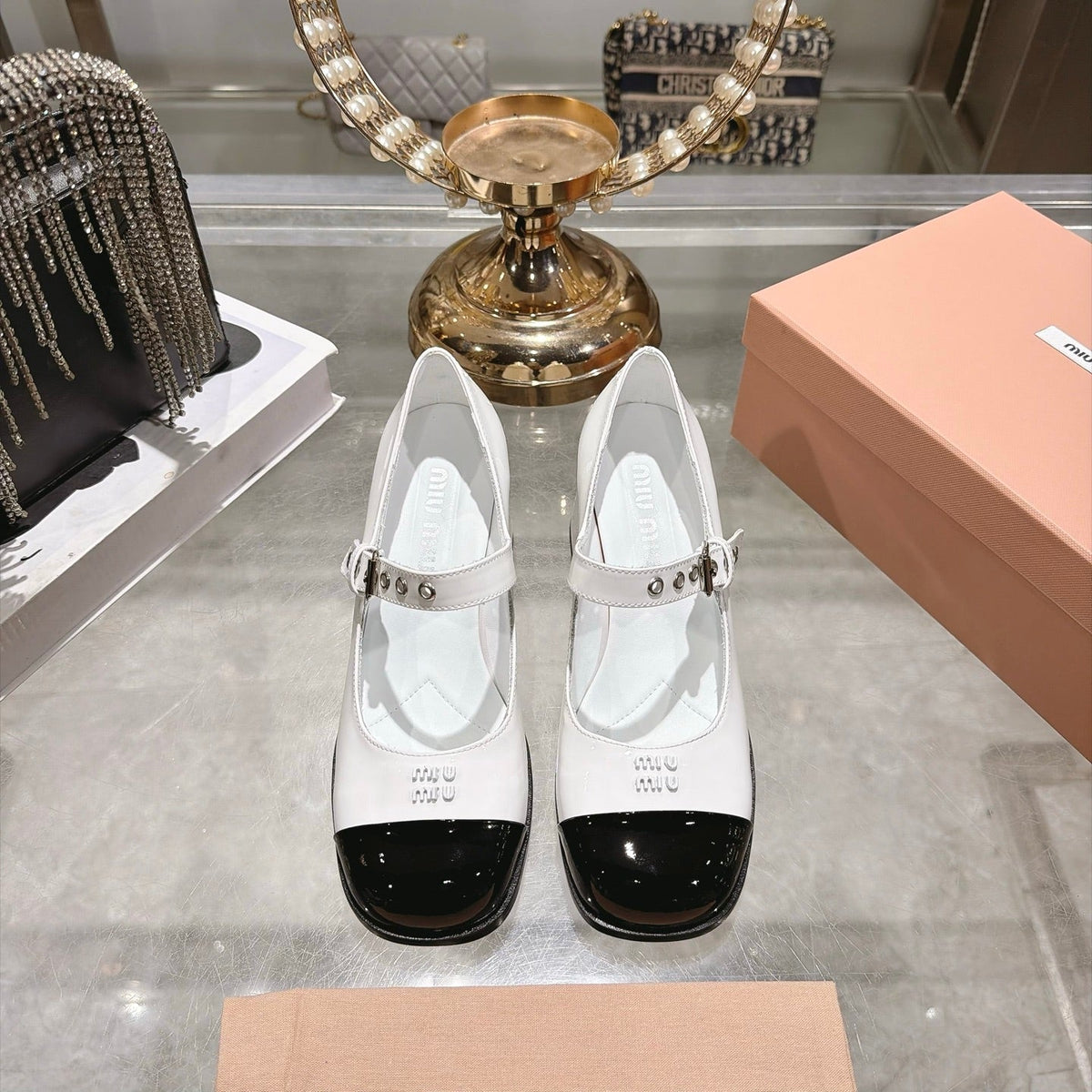 Miu Miu FW26 Two-Tone Mary Jane Pumps 75mm White Black Patent 190483
